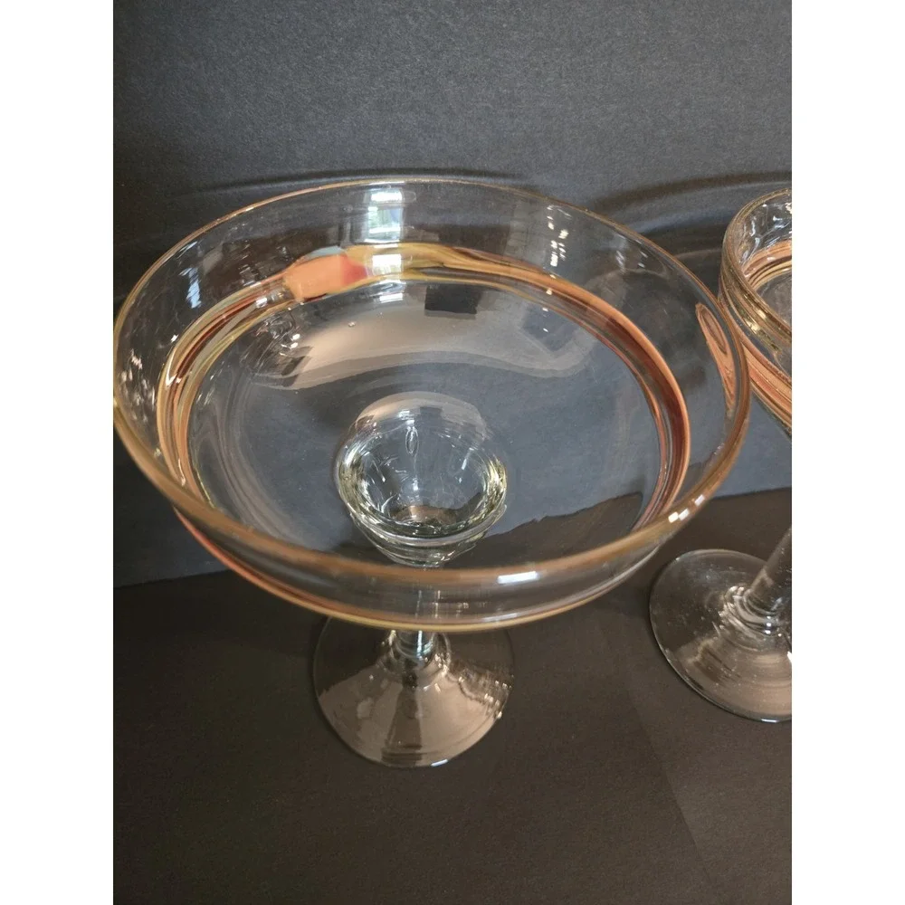 Mexican Hand Blown Margarita Glasses Set of 2‎ Orange Yellow Red Swirl Rim 7in